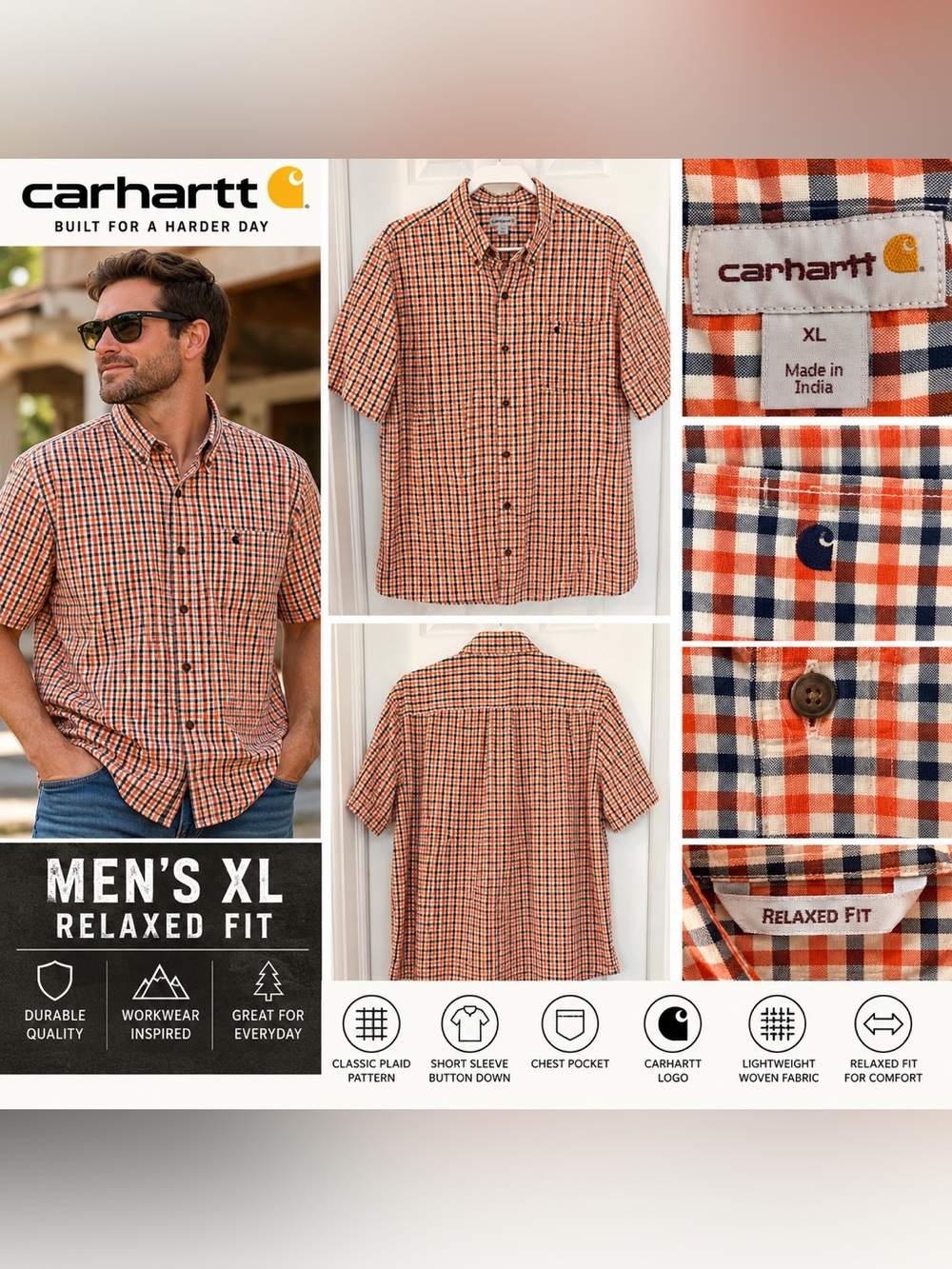 Carhartt Men's XL Relaxed Fit Orange Navy Plaid Short Sleeve Button Down Shirt
